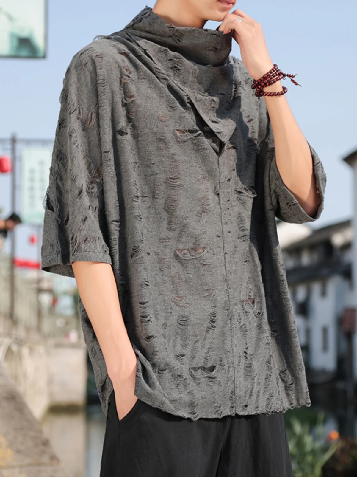 

Мужская футболка в стиле ретро с вырезами и короткими рукавами, дышащая, свободного кроя, летняя, модная, повседневная.