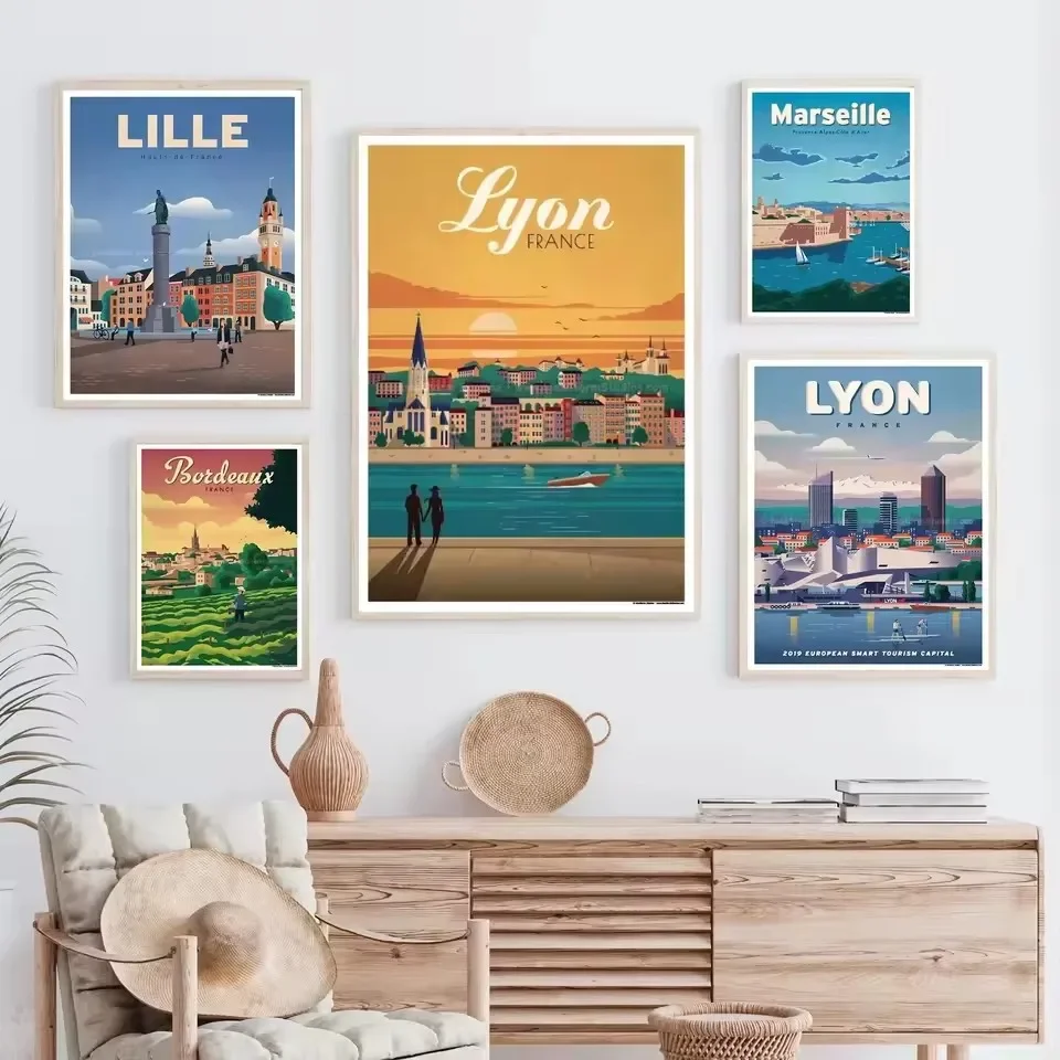 

France City Art Poster Marseille Lyon Lille Bordeaux Landscape Cartoon Picture Wall Decor Painting Canvas Print Home Decor Gift