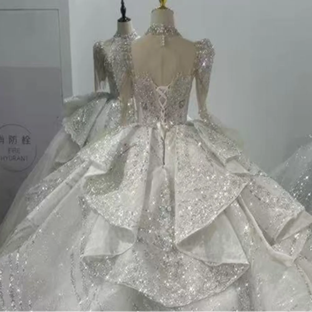 Gaun Pengantin Putri Lengan Panjang Kerah O Berenda dengan Lubang Kunci di Belakang, Hiasan Manik-Manik, Payet, Kristal, Gaun Bola Pengantin
