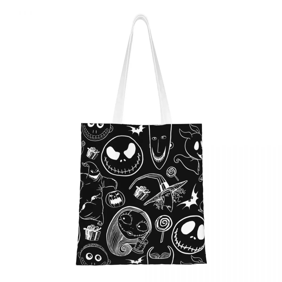 Custom Funny Scary Movie Tim Burton Christmas Halloween Skull Shopping Tote Bag Reusable Canvas Grocery Shoulder Shopper Bag