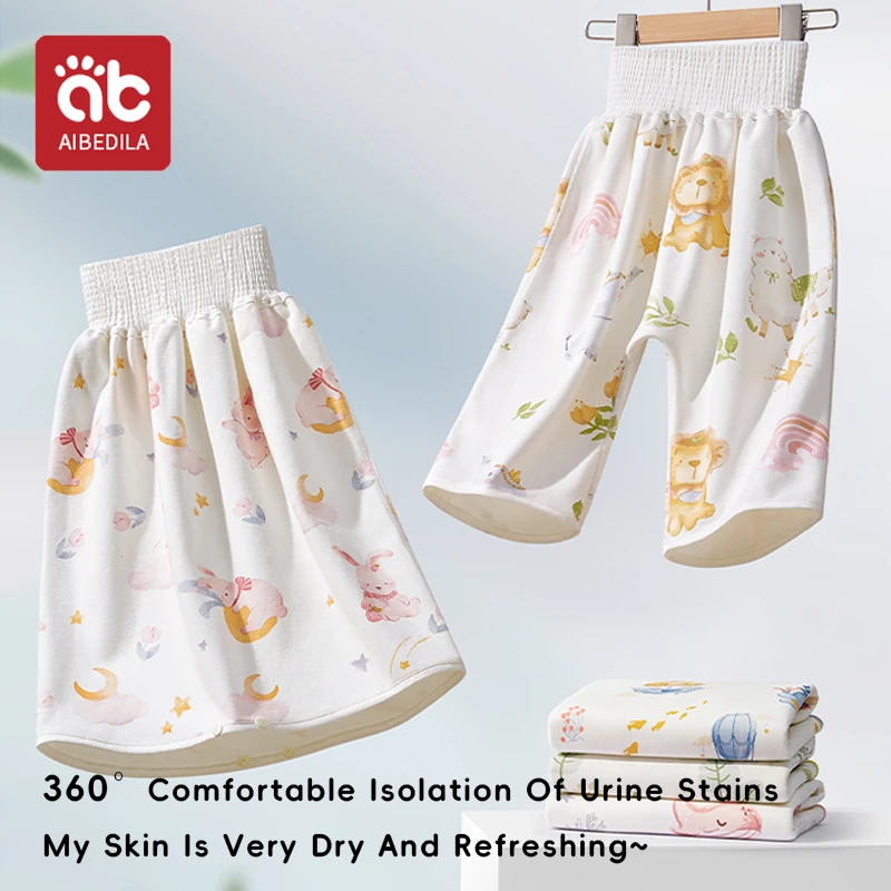 AIBEDILA Cotton Diaper Skirt for Kids Waterproof Urine Reusable Pants with Cartoon Pattern Anti-Side Leakage Breathable Diaper