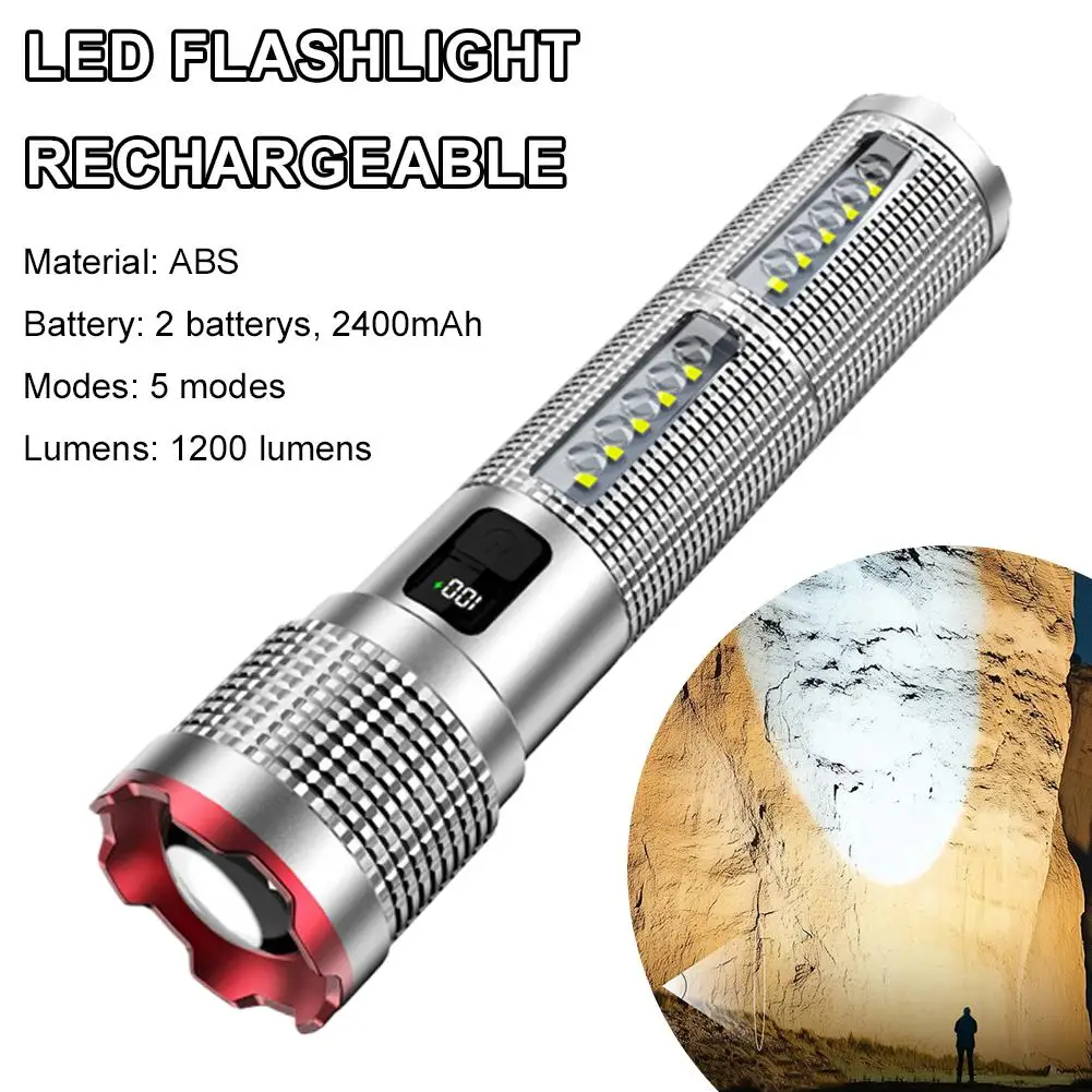 1pc Handheld Type-C Rechargeable LED Flashlight Waterproof Side Light Work Camp Light Aluminum Alloy Powerful Headlamp Emergency