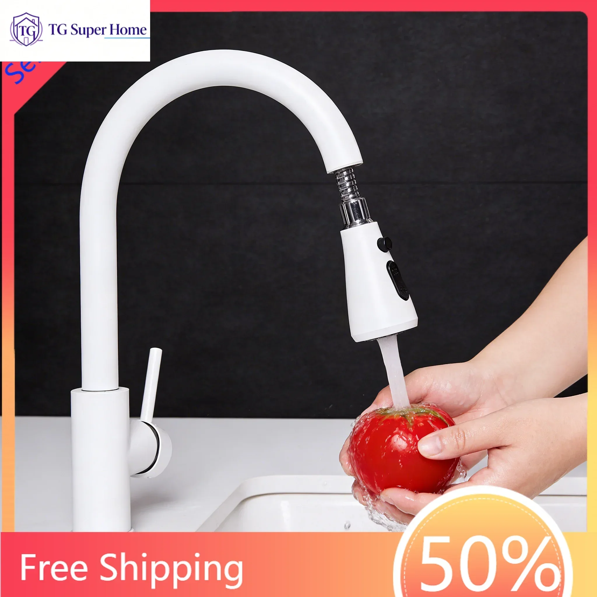 White Pull Out Kitchen Faucet Stainless Steel Hot Cold Mixer Tap Deck Mounted Pull Down Sprayer Single Hole Modern Sink Faucet
