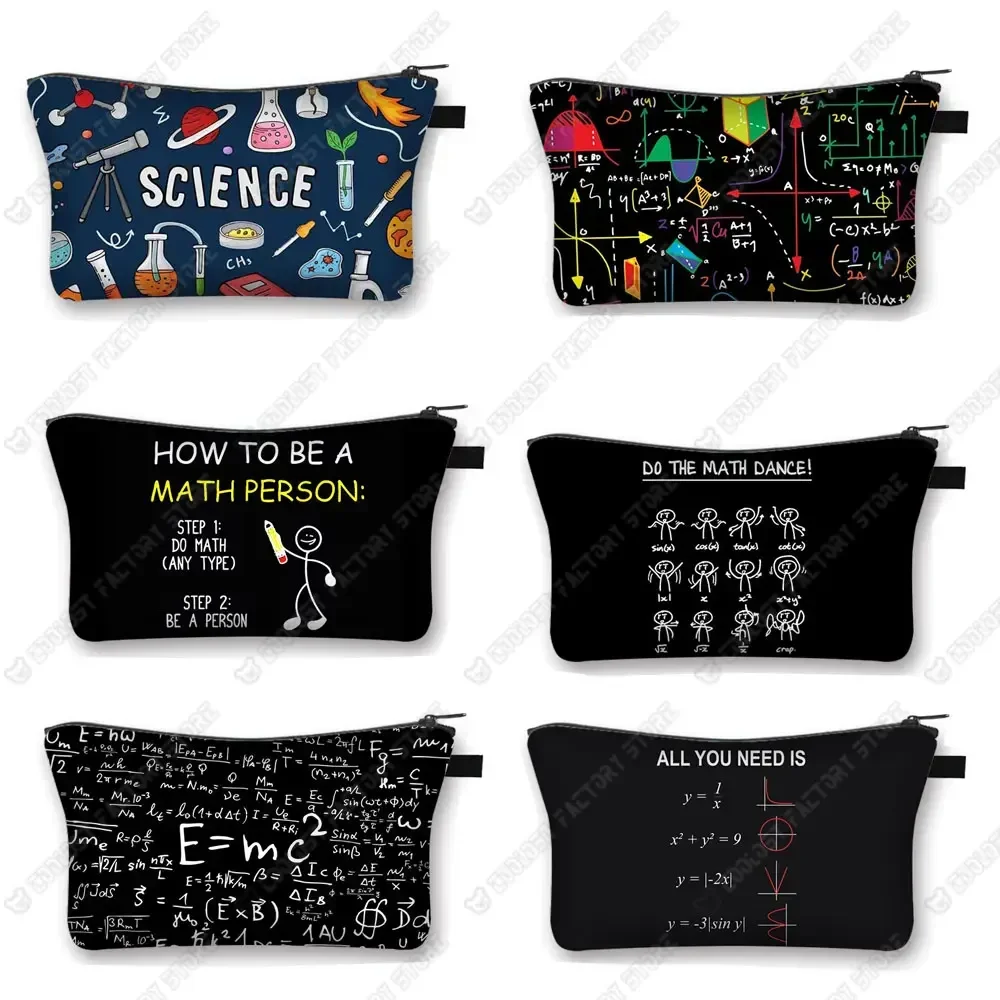Engraçado matemática química física fórmula sacos de cosméticos adolescente saco de higiene pessoal meninas sacos de maquiagem algebra geométrica caso cosmético