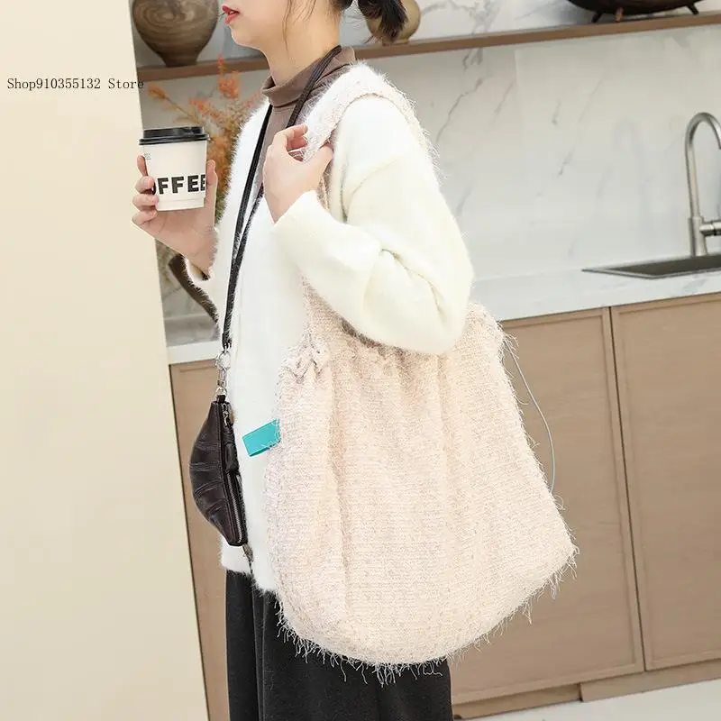Korean Casual Art Canvas Ins Pleated Drawstring Bead Piece Contrasting Color Single Shoulder Handbag for Women