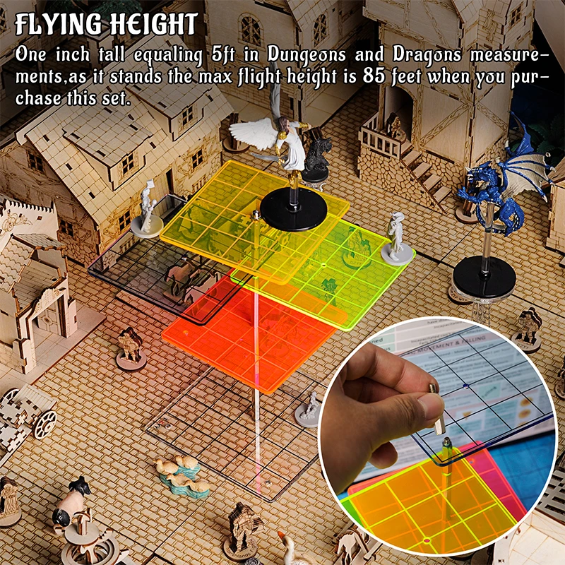 3D Combat Risers Set Colored Acrylic Flying Miniature Flight Stand with 1 Inch SquareGrid Great Wargame Space