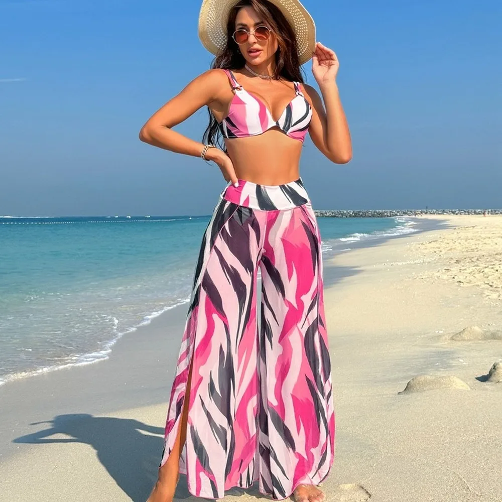 Women's Bikini 3 Piece Set With Swim Pants, Push Up Halter Bathing Suit With Bottom, Summer Beach Swimwear Brazilian 2 Piece Swi