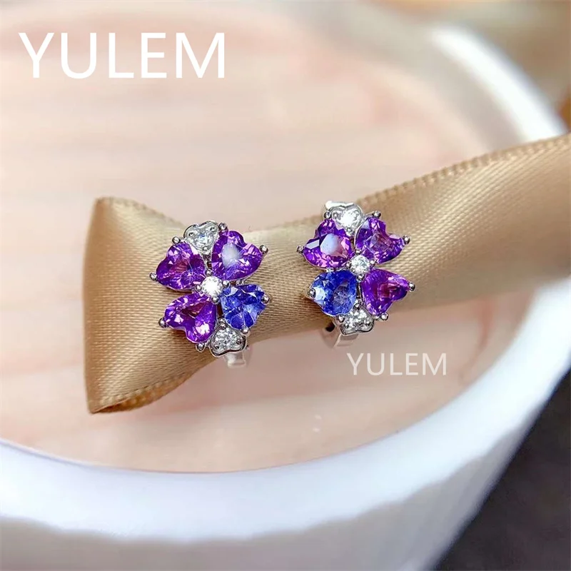 Luxurious Long Sun Flower Natural Blue Tanzanite and amethyst Ear Clip Drop Earrings 925 Silver Natural Gemstone Earrings Women view 5