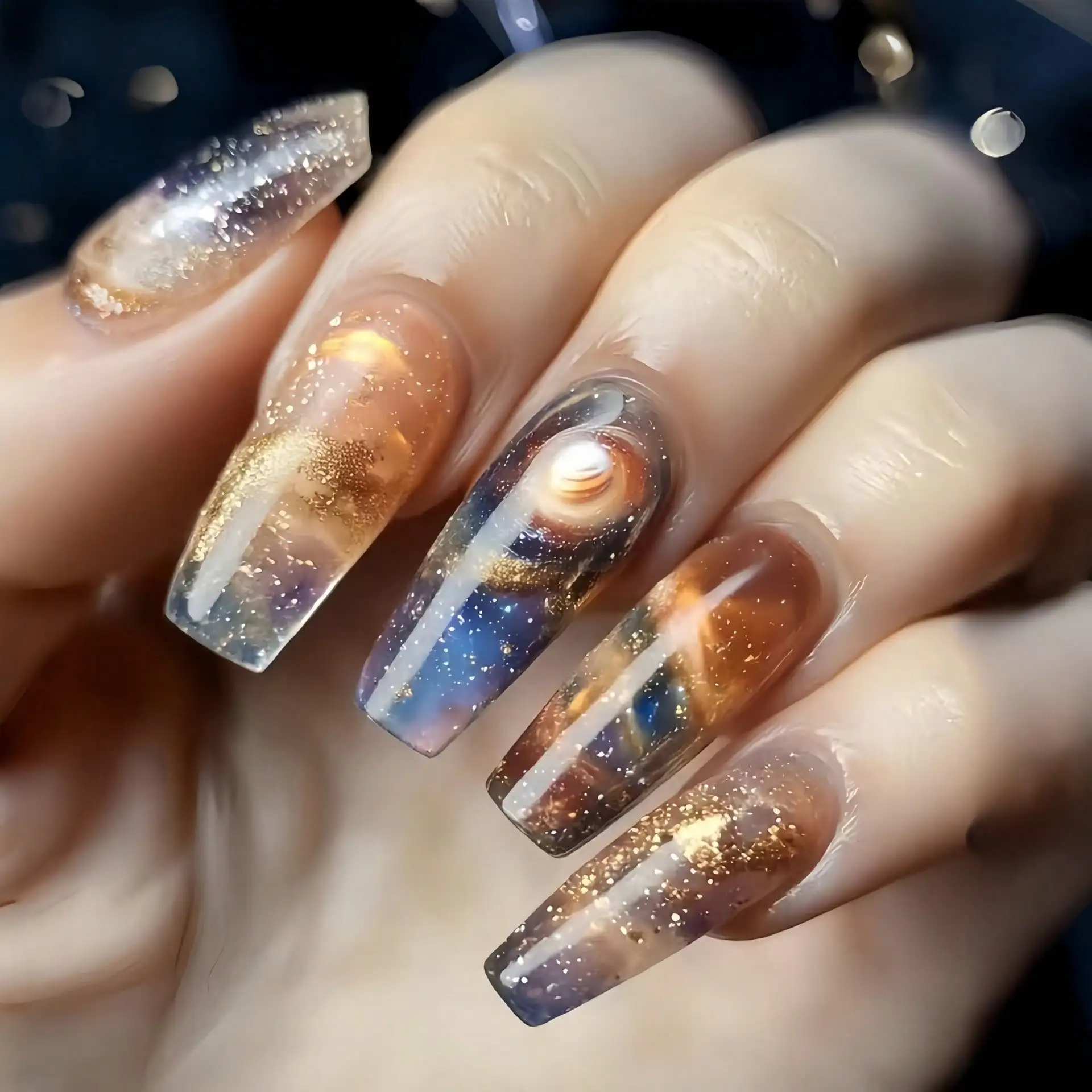 

Jelly Glue + Rubber StripLong-Style Ballet Nails With Brown Gradient Planet And Starry Sky Pattern, Detachable Fake Nail Patches