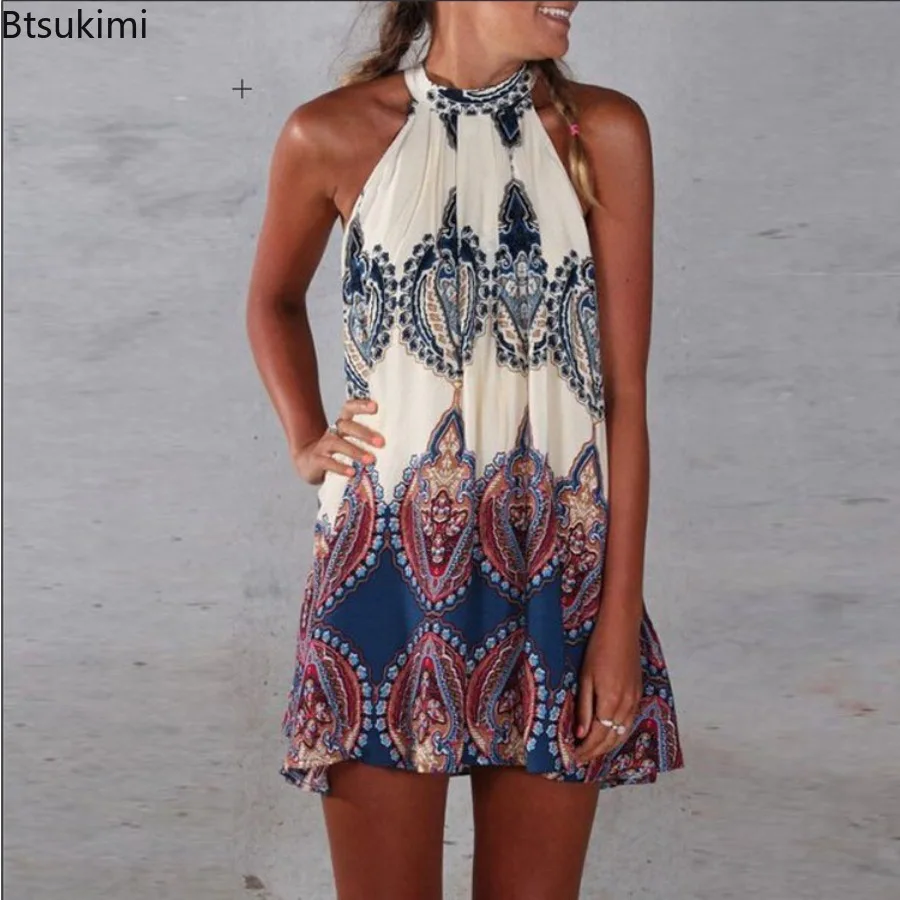 2025 New Summer Style Women Casual Sexy Loose Prining Neck-mounted Dress Ladie Fashion Sleeveless Boho Vestidos Beach Mini Dress