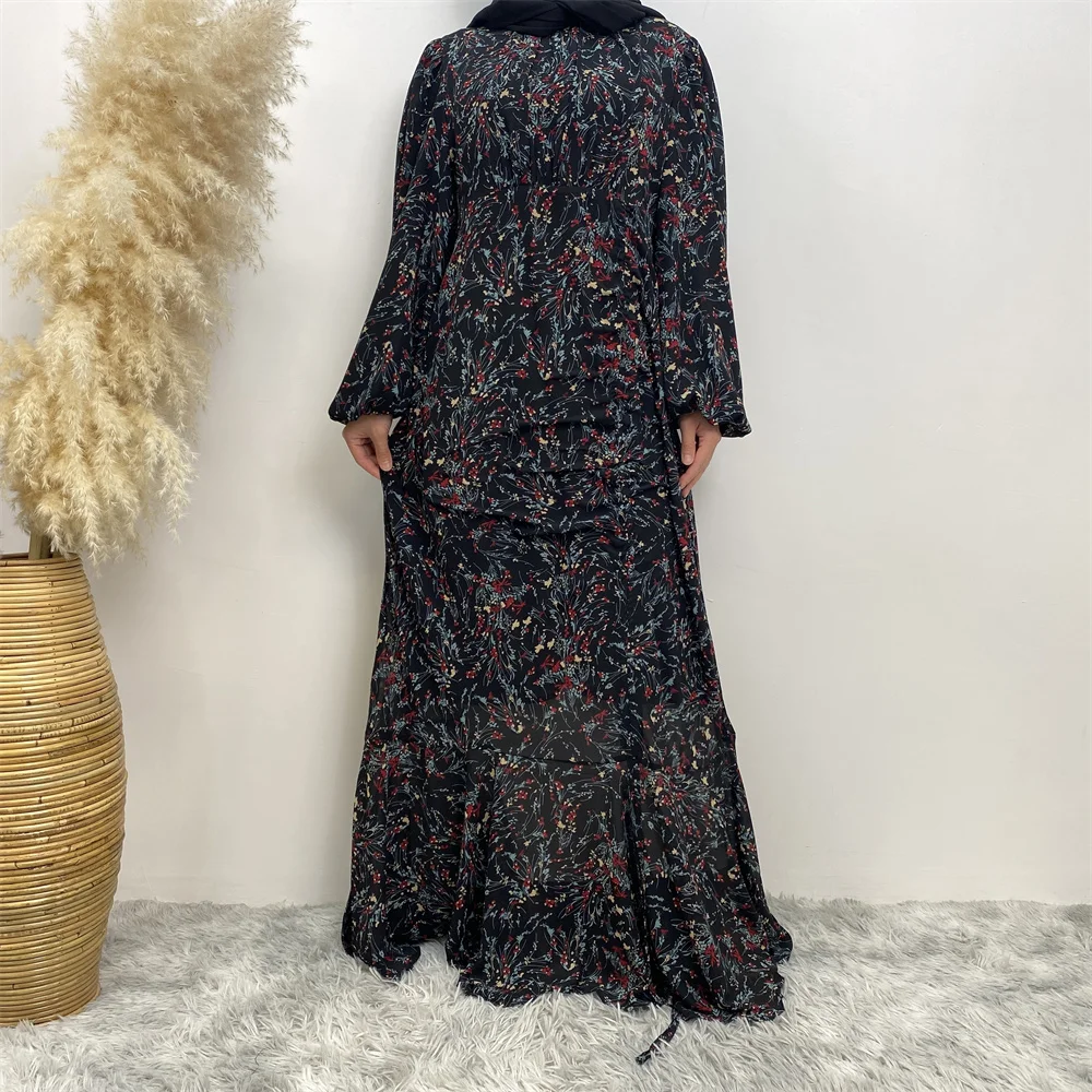 Muslim Women\'s dress Casual print bark crepe long dress Zipper collar long sleeves loose Muslim maxi dress