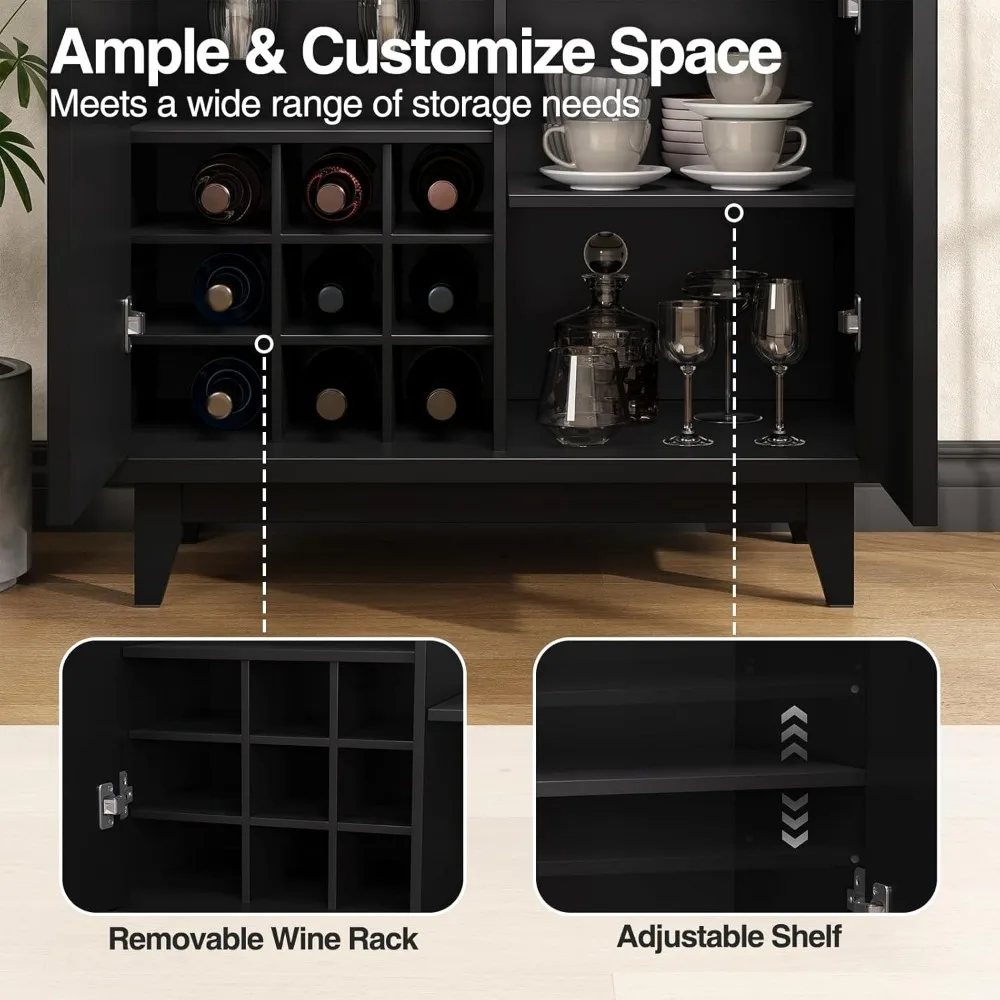 Modern Fluted Coffee Bar Cabinet with Removable Wine Rack and Adjustable Shelf, Solid Wood Legs, Multi-Functional Sideboard Buff