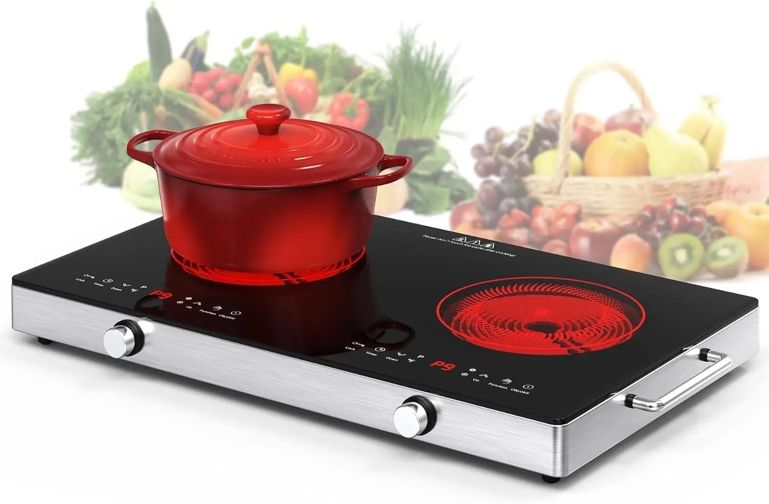 

Electric Cooktop 110V 2400W Electric Stove Top with Knob Control 9 Power Levels Kids Lock Timer LED touch control Overheat