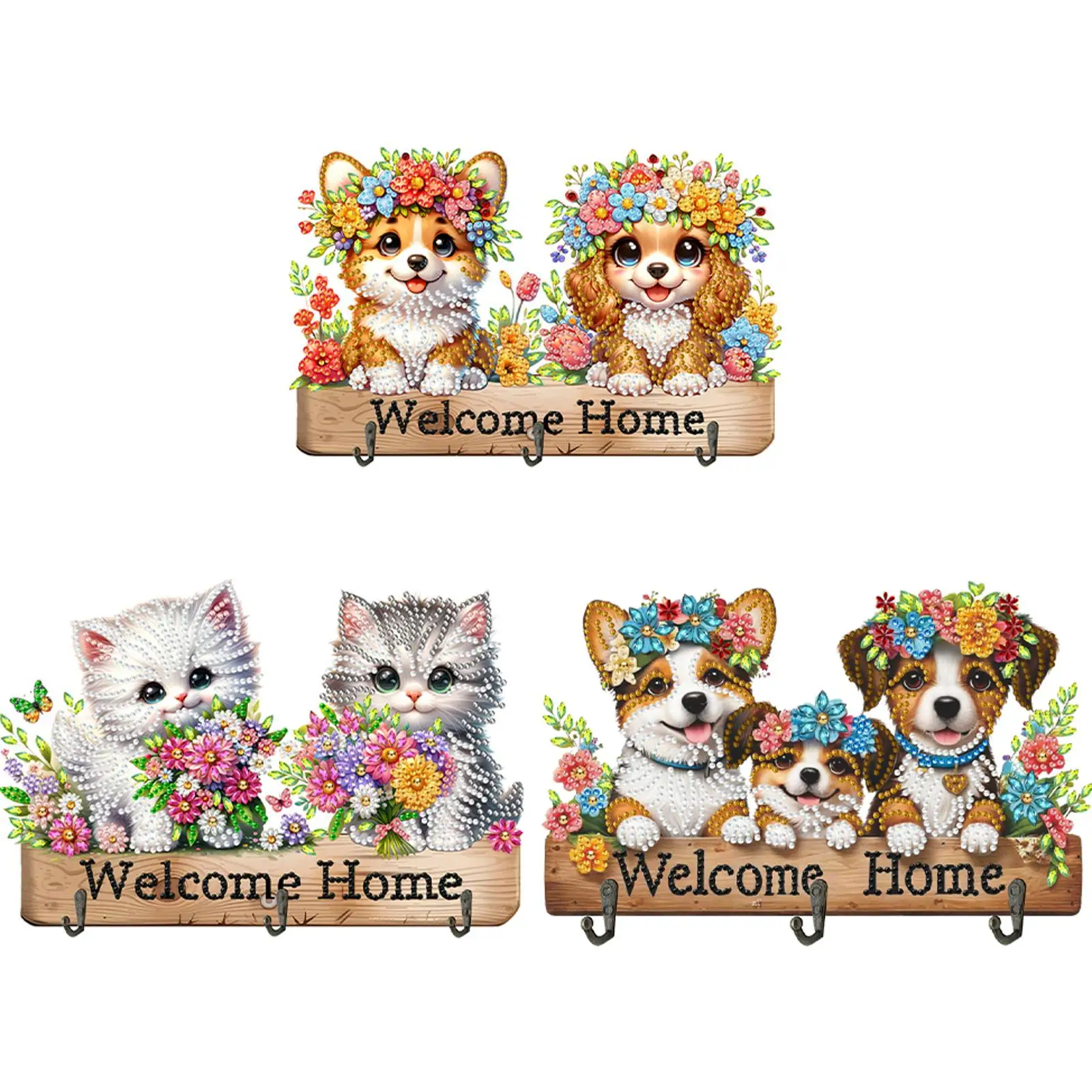 

Dogs Cats Theme Wood DIY Diamond Painting Hooks Creative Handmade Gift for Various Occasions No Hole Punching Wall Decoration