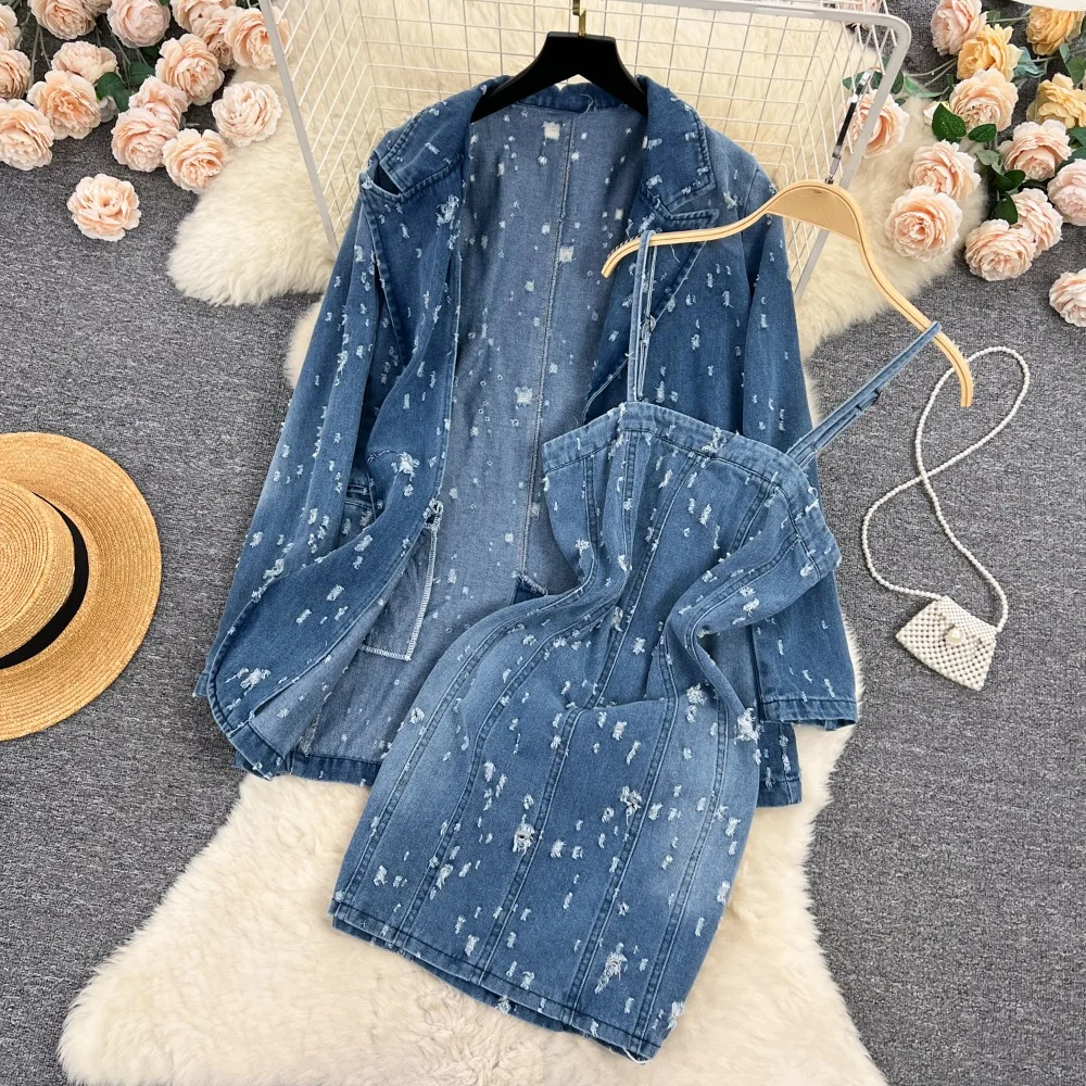 Neploe Sweet Sexy Vintage Denim Set Veste Femme Fresh Korea French Style Sling Mid-length Flash Hong Kong Style Casual Suit Coat