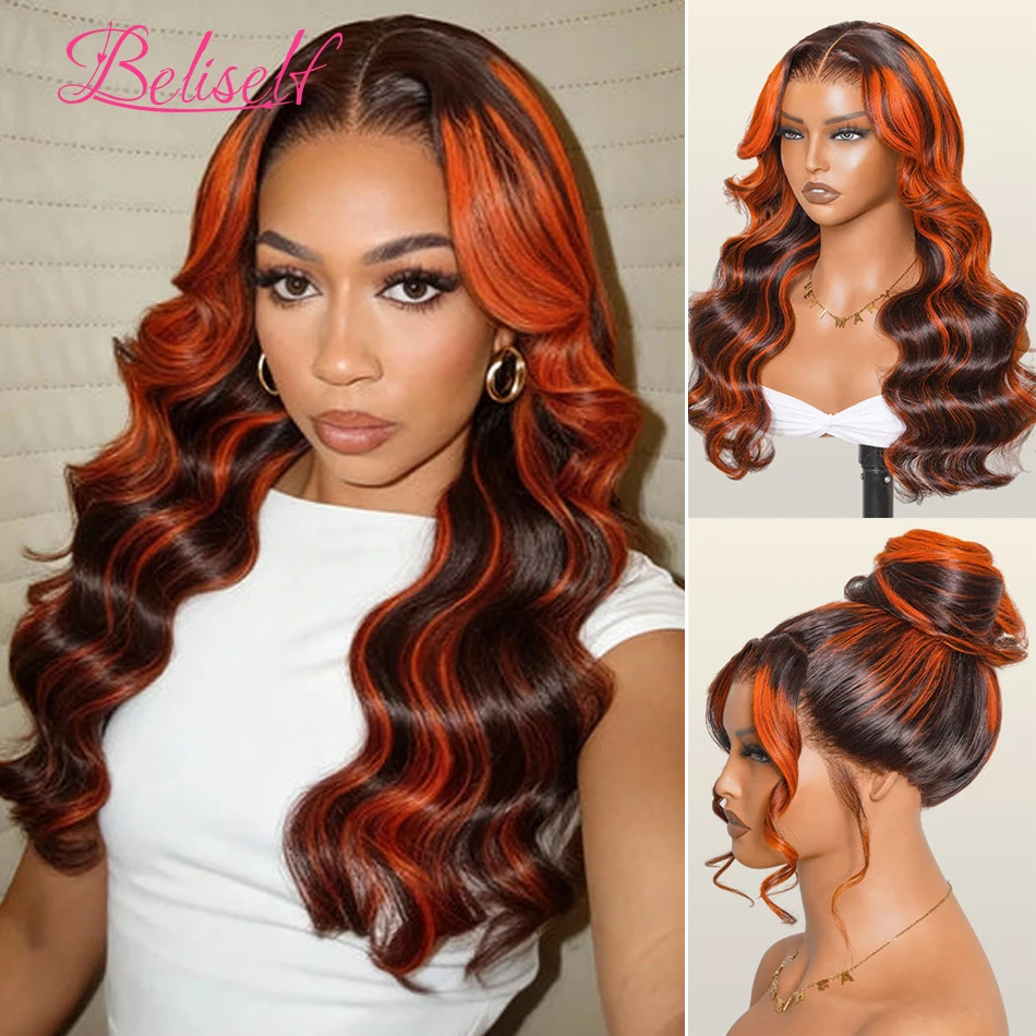 

360 Full Lace Wig Invisible Drawstring Ginger Brown Highlight Wig Human Hair Pre Plucked Glueless Wigs Human Hair Ready to Wear