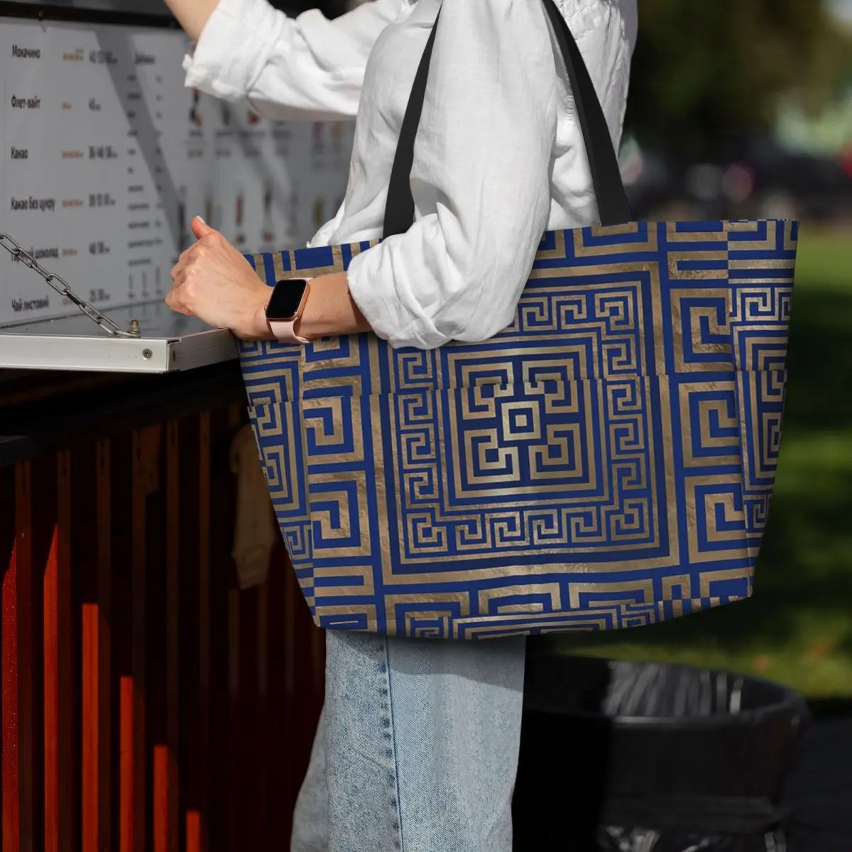 Greek Keys Ornate Floral Baroque Gold Beach Tote Bag Sport Gym Yoga Duffle Large Tote Bag Women Travel Bag Fitness bag