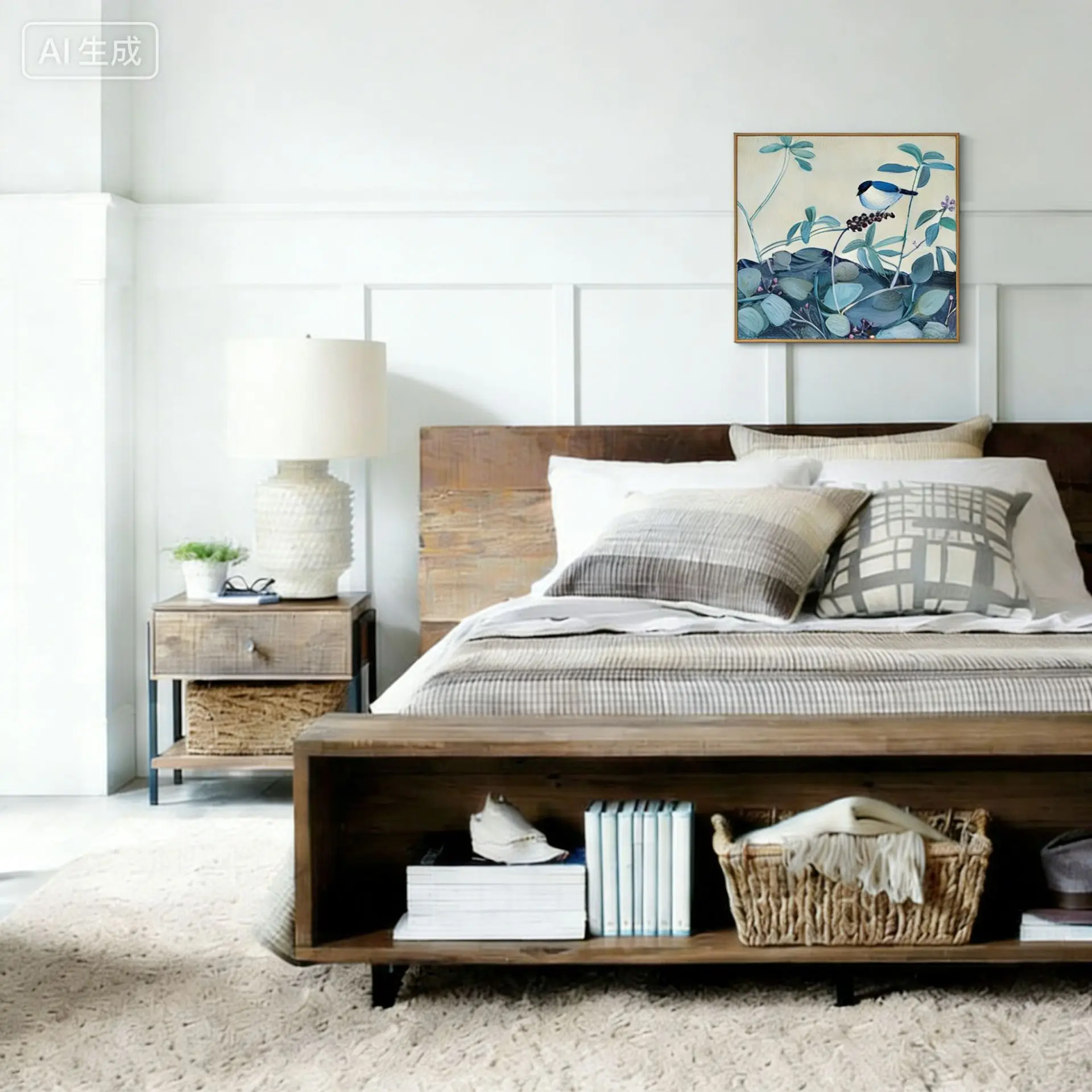 Hand-painted ins wind oil painting, abstract flower and bird hanging painting on sofa background, home soft decoration