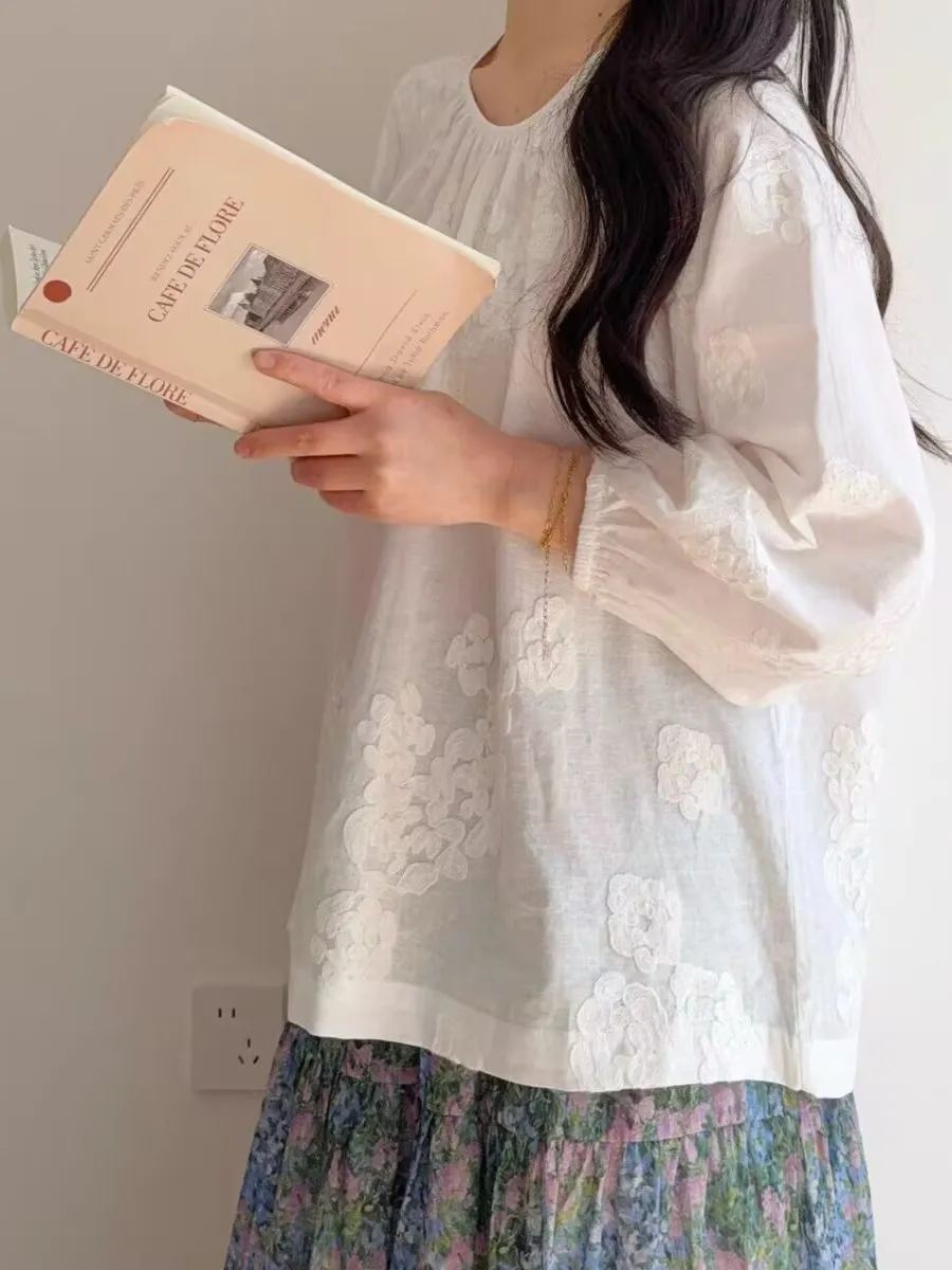 Heavy Embroidery Hemp irt Women's Summer Artistic Retro Cotton Linen Doll Top Loose Fit Long Sve round Ne Printed Thin