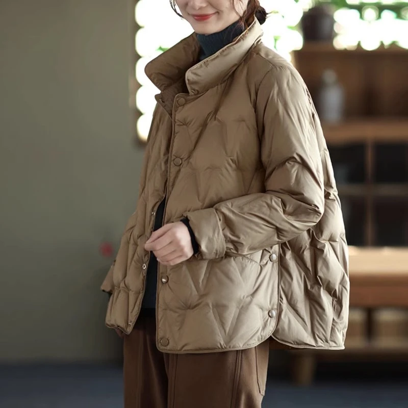 

Women's Fashion Stand Collar Thick Warm Cotton Padded Jacket Pleated Light Down Cotton Padded Jacket Coat Single Breasted Female