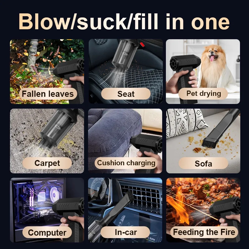 พัดลมเทอร์โบเจ็ท 130000 รอบต่อนาที เครื่องเป่าลมไฟฟ้าพร้อมชุดดูดฝุ่น ชาร์จผ่าน USB พัดลมเป่าฝุ่นเทอร์โบสำหรับทำความสะอาดคีย์บอร์ดคอมพิวเตอร์