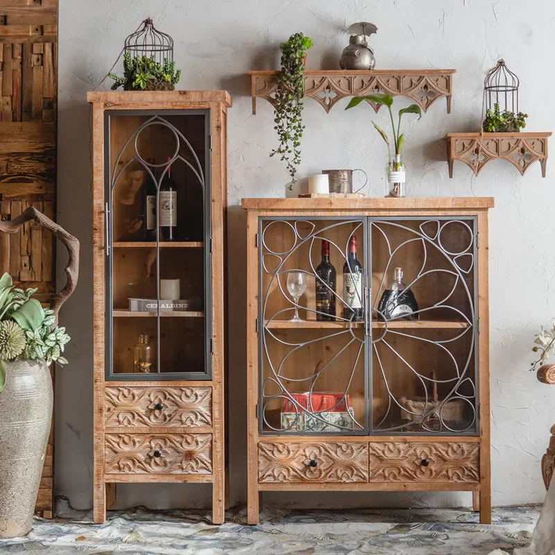 for Dessert Shop Bistro Decorative Storage Cabinet Solid Wood Carving Flower Glass Entrance Cabinet Characteristic Retro
