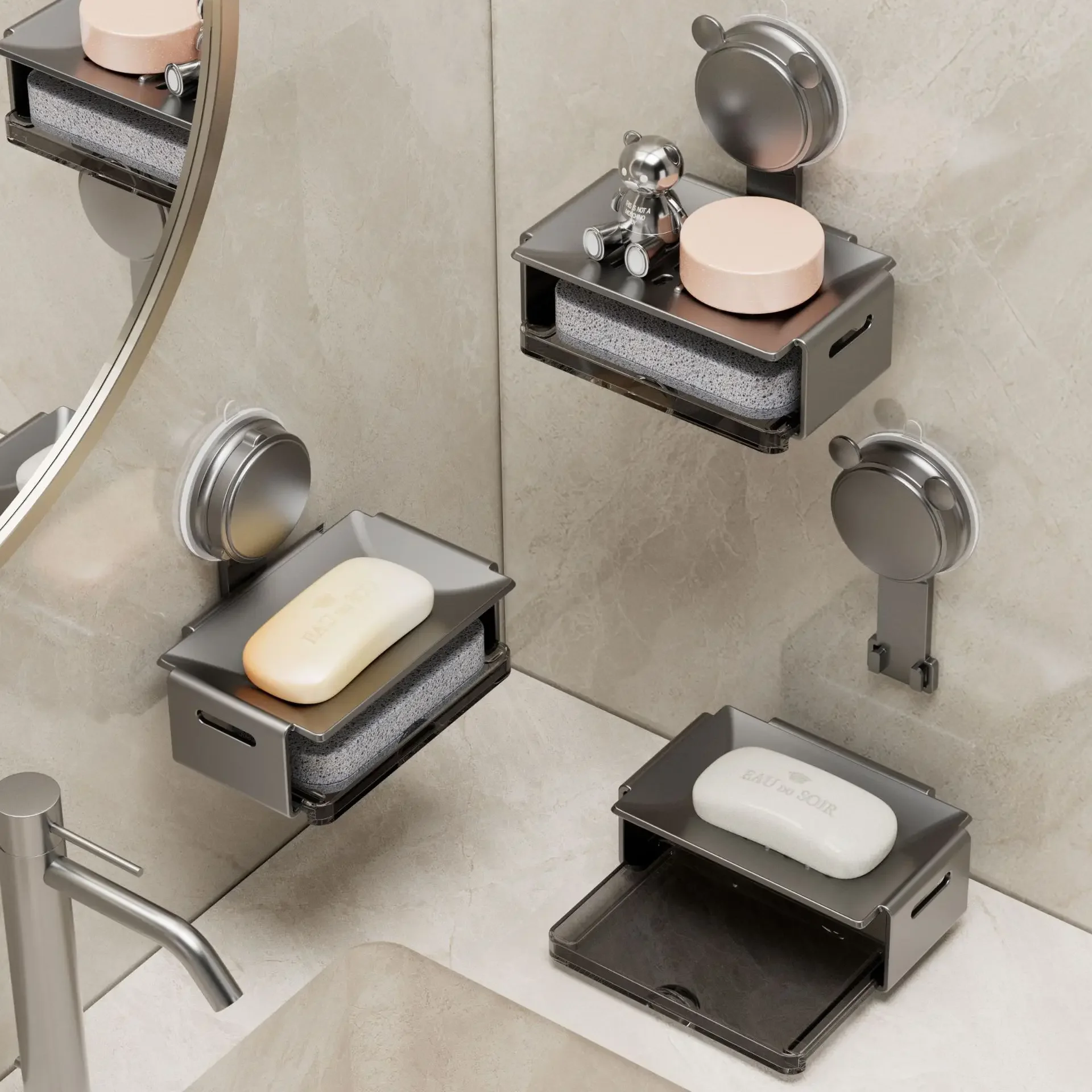 Sondajsız Çift Katlı Sabunluk, Banyo için Drenajlı Metal Sabunluk, Duvara Monte Sabunluk