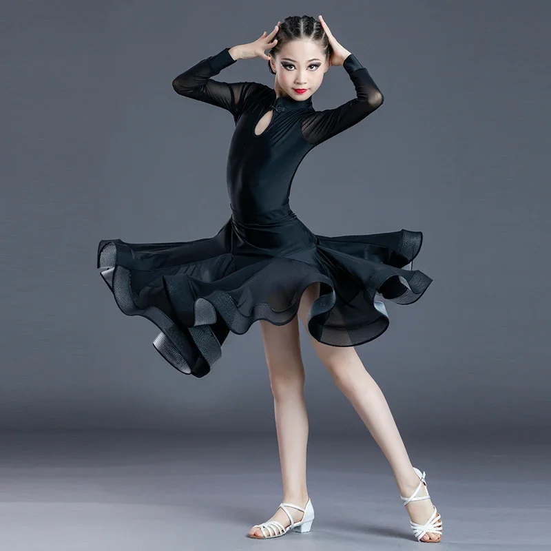 Girls Latin Dance Clothes Black Long Sleeves Dress Kids Cha Cha Ballroom Dance Competition Clothing Rumba Dance Dress DNV16736