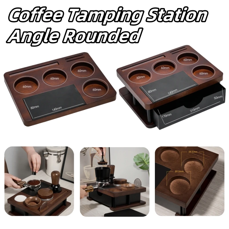 

51/54/58mm Coffee Tamping Station Angle Rounded Solid Wood Coffee Tamper Station with Drawer Multifunctional Storage Home Use