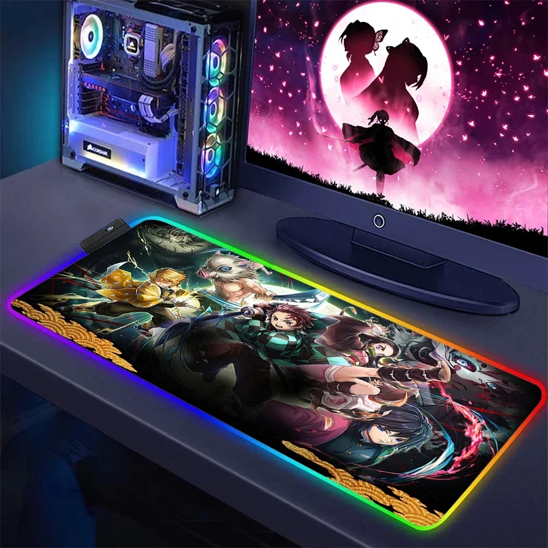 Anime Mouse Pad Kimetsu No Yaiba Mat Desk Rgb Carpet Gaming Mats Led Gamer Keyboard Backlit Cabinet Demon Slayer Pc Accessories