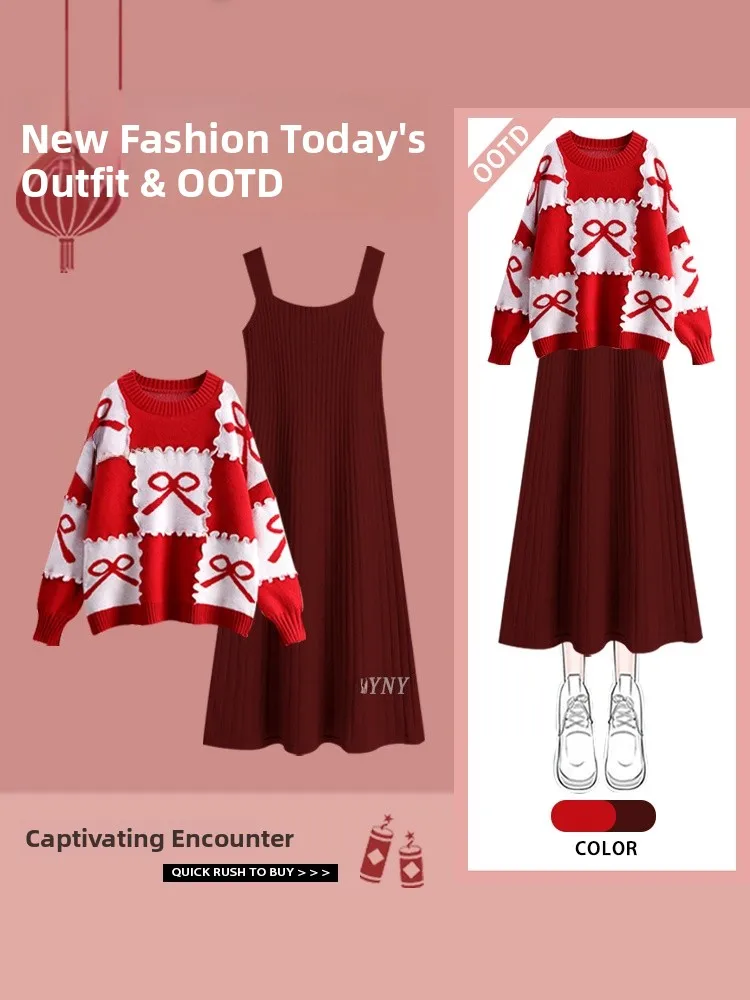 

Red Knitted Sweater Dr Straight Cut Slimming Winter Faion Commute Sle Anti-Stain Thiened Long Sve round Ne Dr