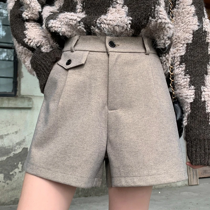 

Стильные шорты-ботинки из смеси шерсти, женские шорты с высокой талией и широкими карманами, корейские модные офисные женские шорты Y2K, рабочая одежда