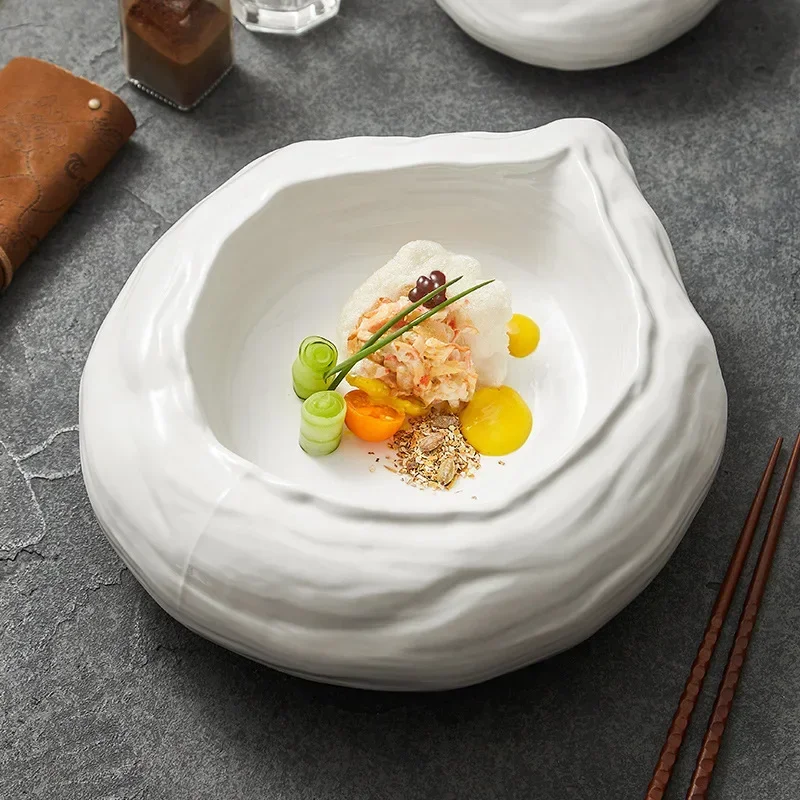 Irregular sharp-angled double bowls, restaurant and club dishes, ceramic tableware, special salad , cooking .