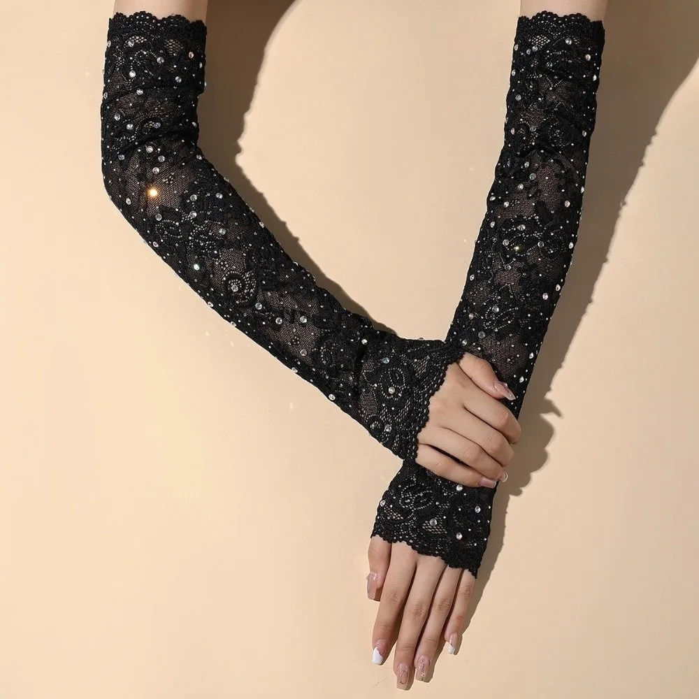 

1 Pair Retro Long Lace Gloves Glitter Elasticity Rhinestone Gloves Sparkling Hollow-out Mesh Gloves for Women