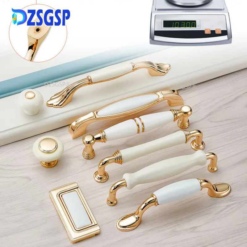 DZSGSP Light Luxury Cabinet Door Hardware Gold White Creamic Cabinet Handles Knobs Drawer Pulls Kitchen Door Handles Furniture