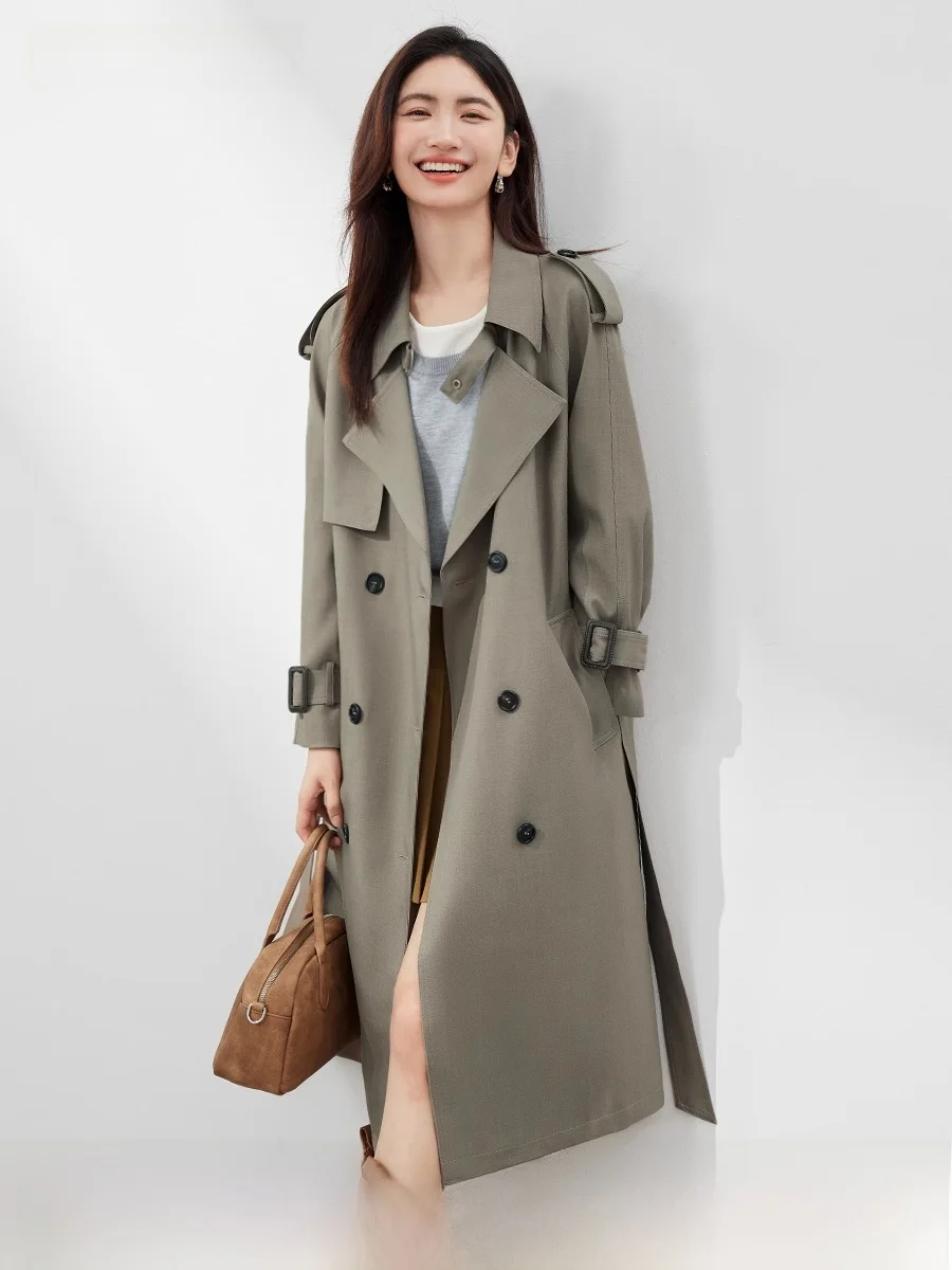 

L﹒WEST Double-Row Button Women's Long Coat Autumn 2024 New Sle Simple Commute Straight-Size Polyester Blend Long Sve