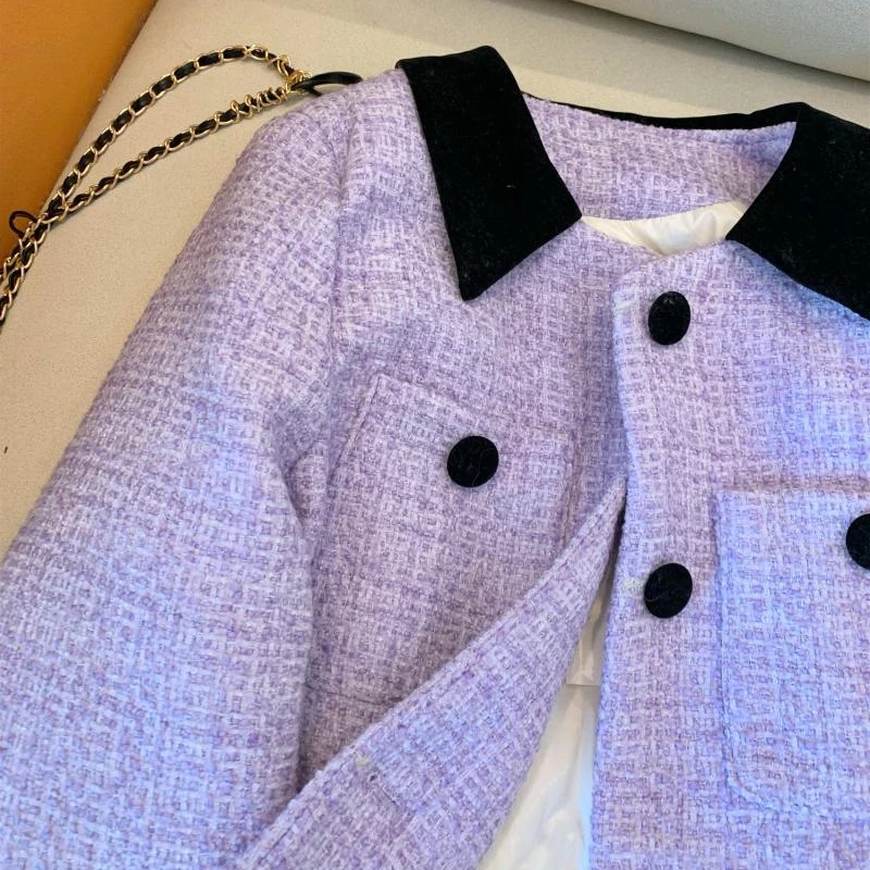 

Purple Jackets Women Vintage French Style Temperament Spring Turn-down Collar Fashion Long Sleeve Simple All-match Age-reducing