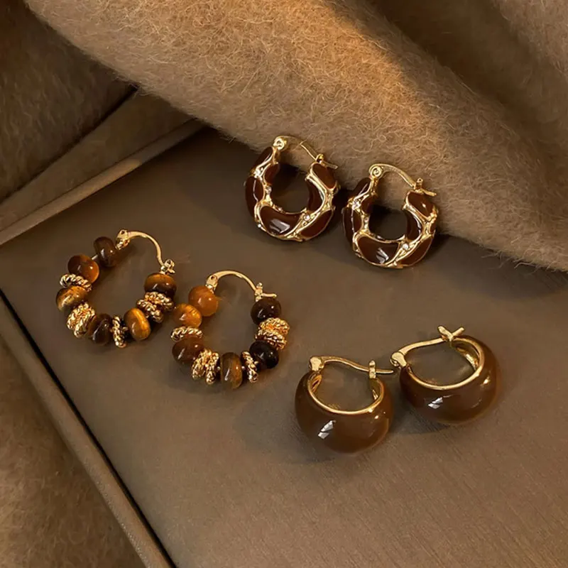 Women Korean Brown U-Shaped Hoop Earrings Vintage Simple Tortoiseshell Color Beaded Earrings Bride Jewelry Accessory - Detail 1