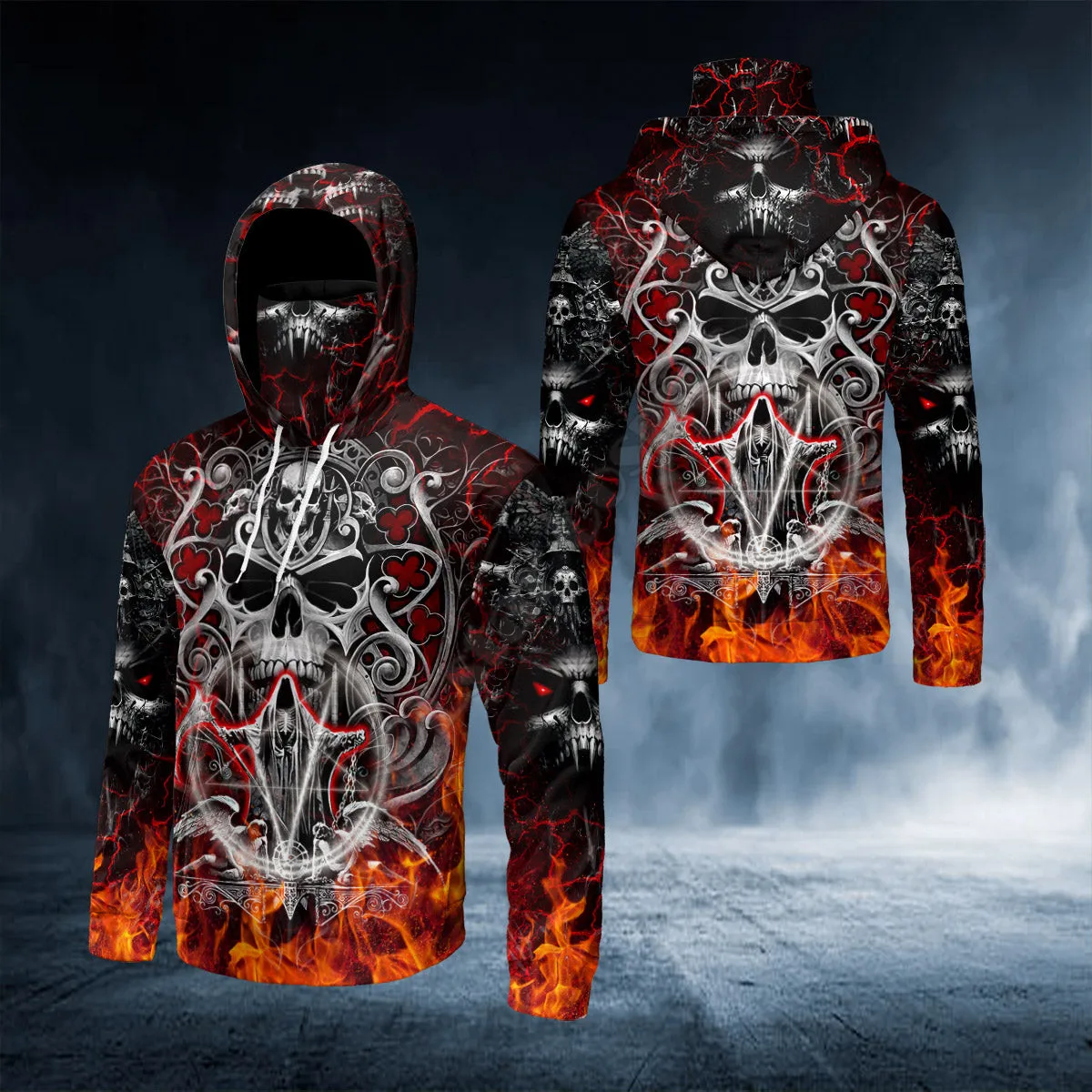 

Flaming Grim Reaper Art 3D Printed Bandana Hoodie US Size Women For Men Casual Pullover Hoodie Mask Warm