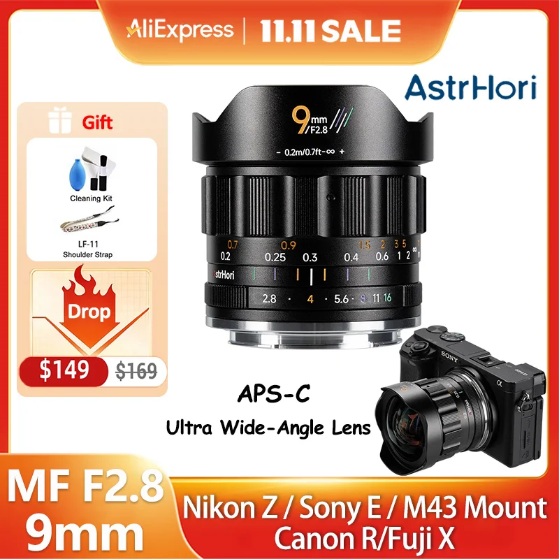 

AstrHori 9mm F2.8 APS-C Ultra wide-Angle Manual Prime Lens for Sony E ZVE10 A6700 Nikon Z Canon R50 fujifilm X x100vi M43 mount