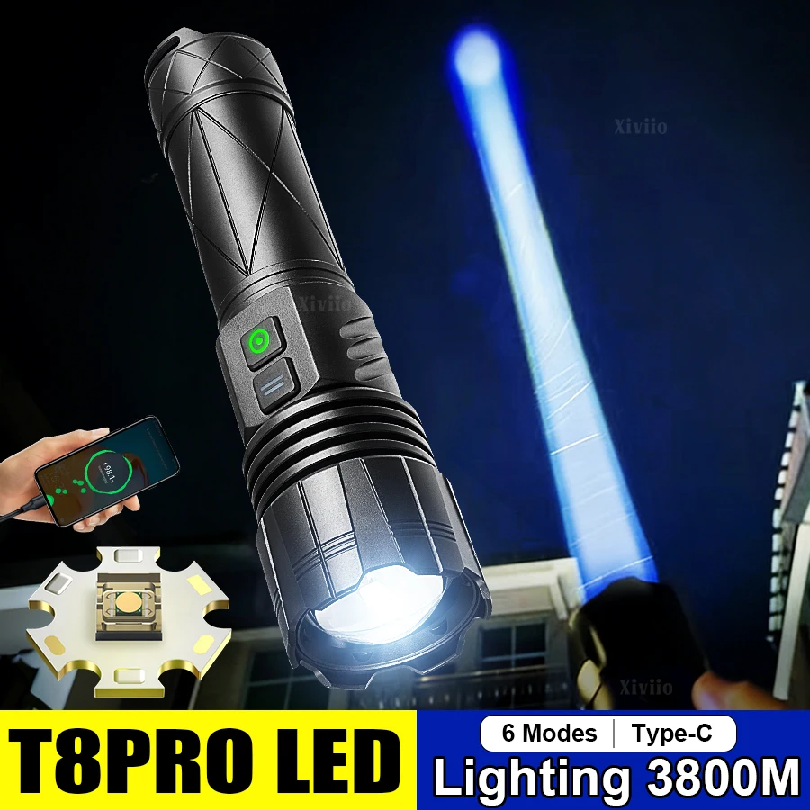 

Мощный яркий светодиодный фонарь T8PRO, перезаряжаемый, с регулируемым фокусом, водонепроницаемый, 6 режимов освещения для кемпинга, походов и экстренных ситуаций