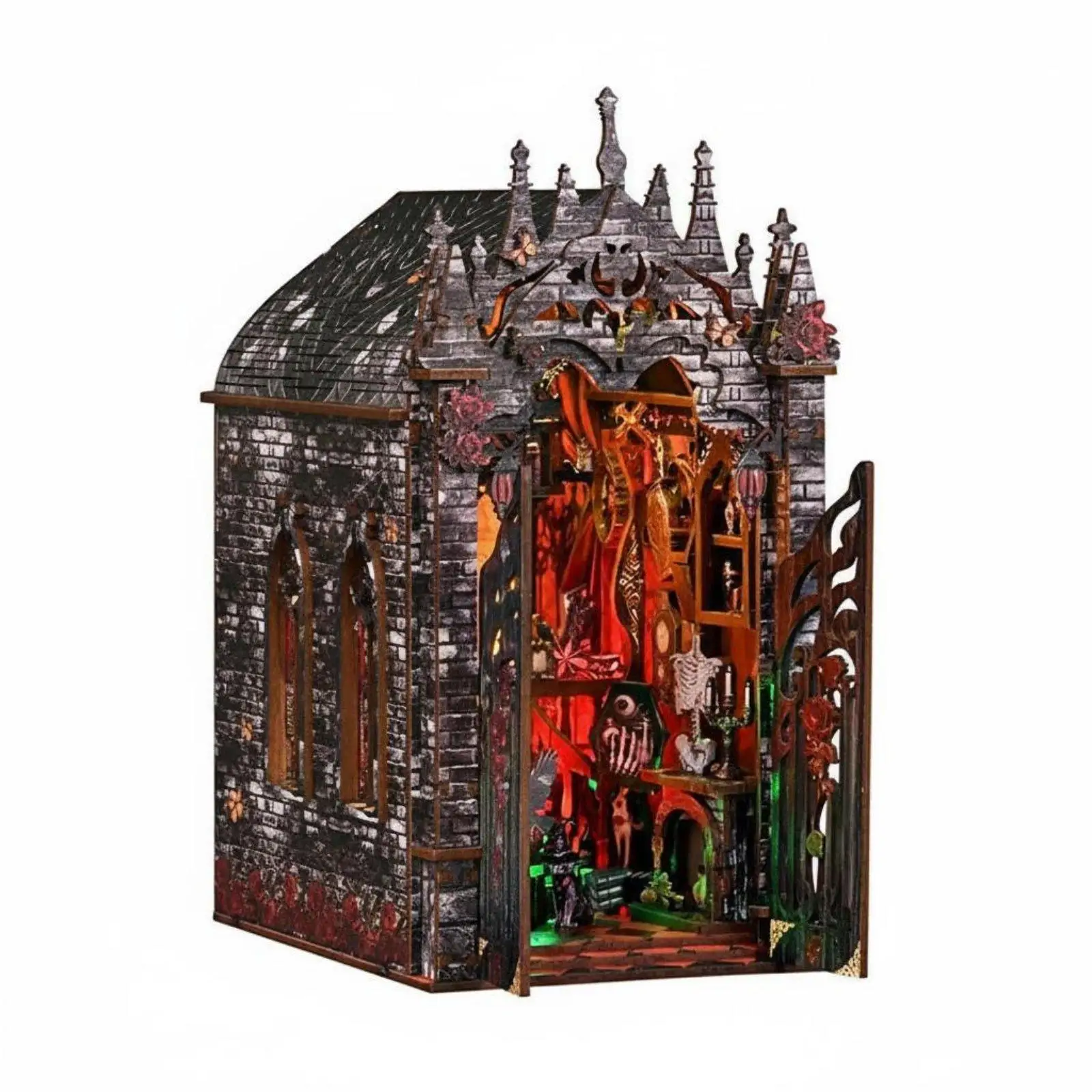 Dark Castle Miniature House Detailed Design Gothic Bookshelf Insert LED Lights Spooky Manor Miniature for Bookshelf, Gift