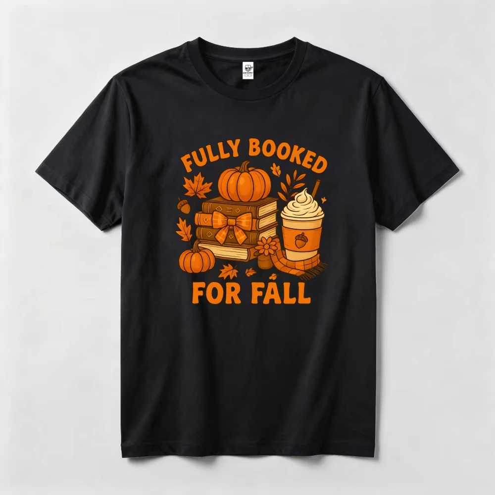 Fully Booked for Fall Navy Tee Women Book Coffee Graphic Shirt Autumn Reading Lover Female T-Shirt Casual Daily Wear
