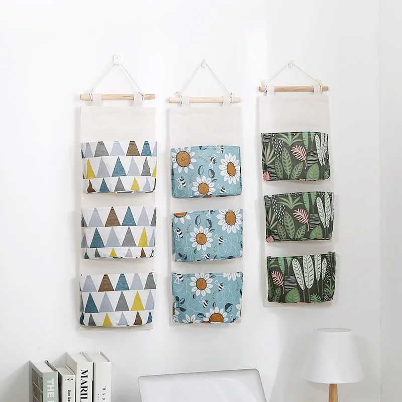 

Sunflower Pattern 3 Pockets Wall Hanging Storage Bag Fabric Pouch Closet Door Closet Cosmetics Toys Storage Bag Home Organizer