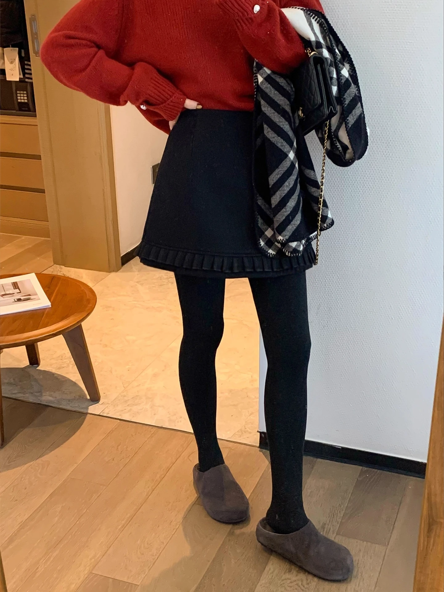 plus Size Women's Grey Woolen Short Skirt High Waist A-Line Style with Wood Grain  Spring Autumn Fashion Slimming Versatile