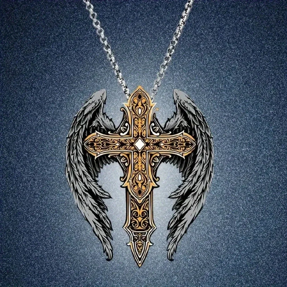 Fashion Creative Trend Archangel Cross Pendant Necklace Punk Hip Hop Goth Street Personalized Niche Party Pendant Gift Jewelry