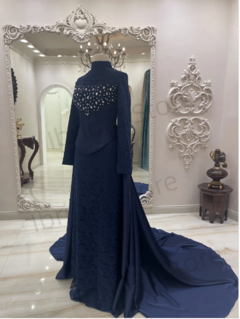 Personalizado alto nick vestidos de baile chique vestido de noite para ocasiões especiais cetim grânulo renda bordado mangas compridas vestidos de festa