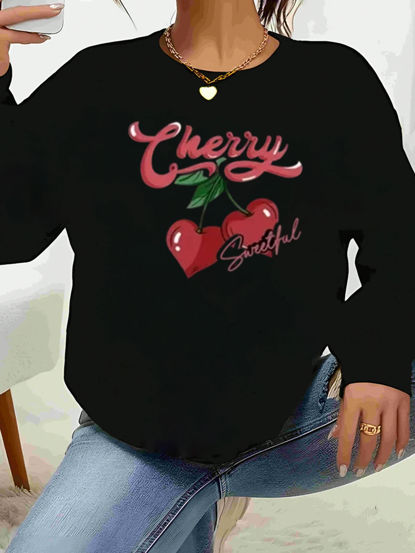

Толстовка с длинными рукавами и милым вишневым принтом, повседневная одежда на День святого Валентина, женская мода