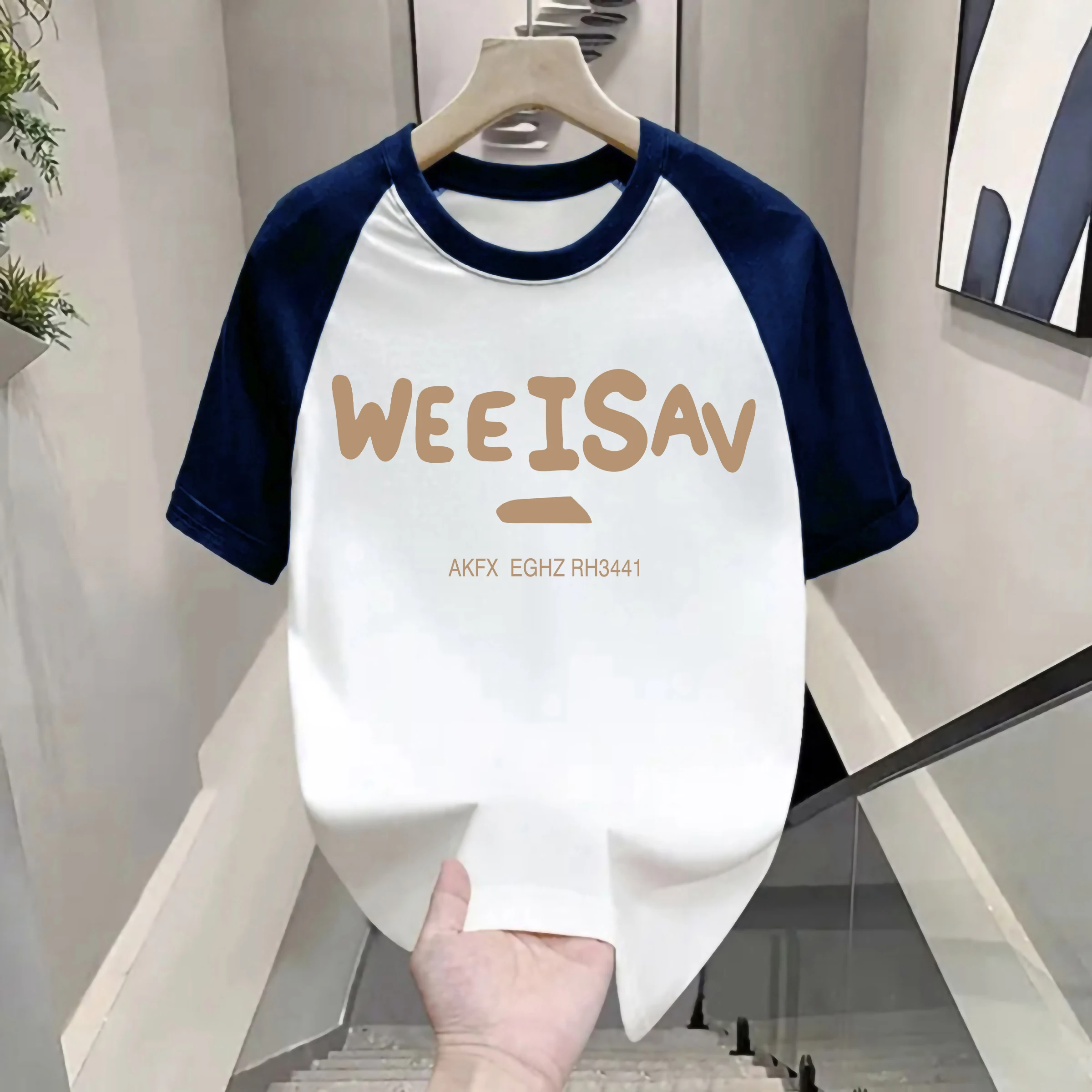 

Американская летняя футболка из чистого хлопка, утяжеленная, с коротким рукавом, модная, в стиле колор-блок, молодежная, популярная, с круглым вырезом