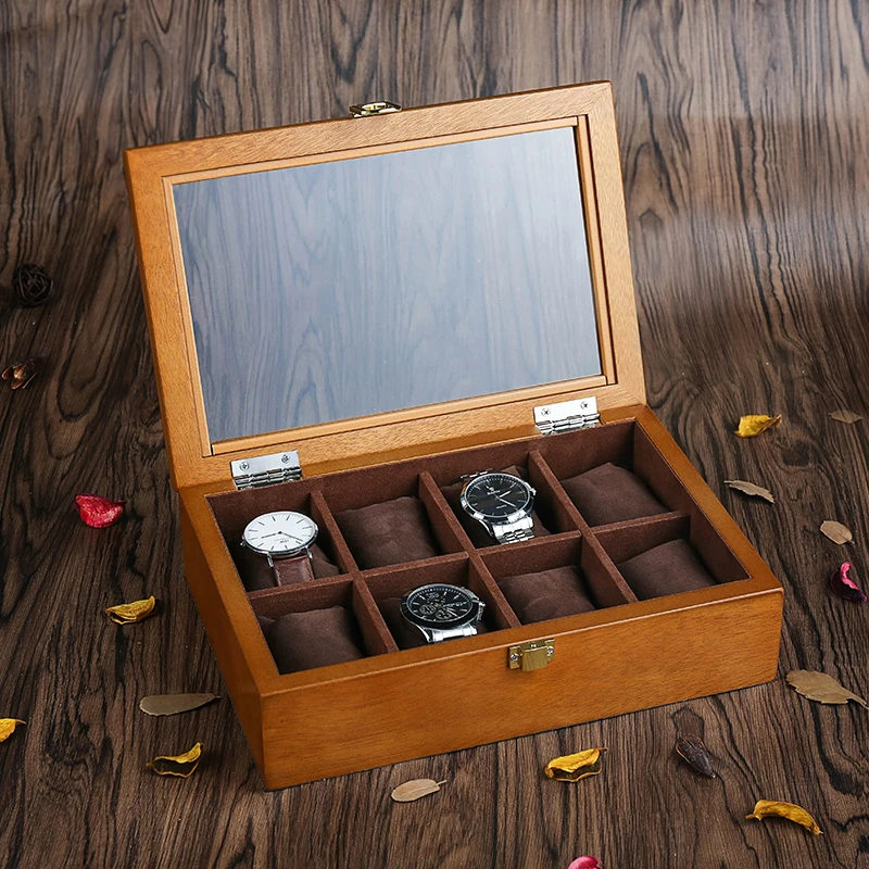 

8 Slots Wood Watch Box Organizer Luxury Watch Holder With Glass Window Mens Wrist Watch Display Black Cabinet